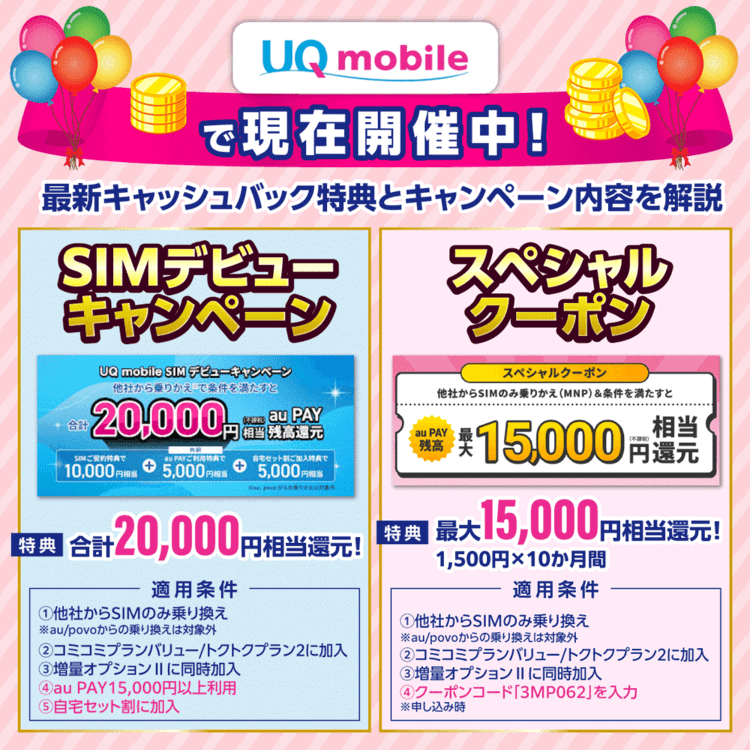 UQモバイルで実施中の「SIMデビューキャンペーン」と「スペシャルクーポン」の詳細