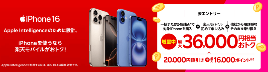 楽天モバイル「対象のiPhoneが最大36,000円相当還元キャンペーン！」のロゴ画像