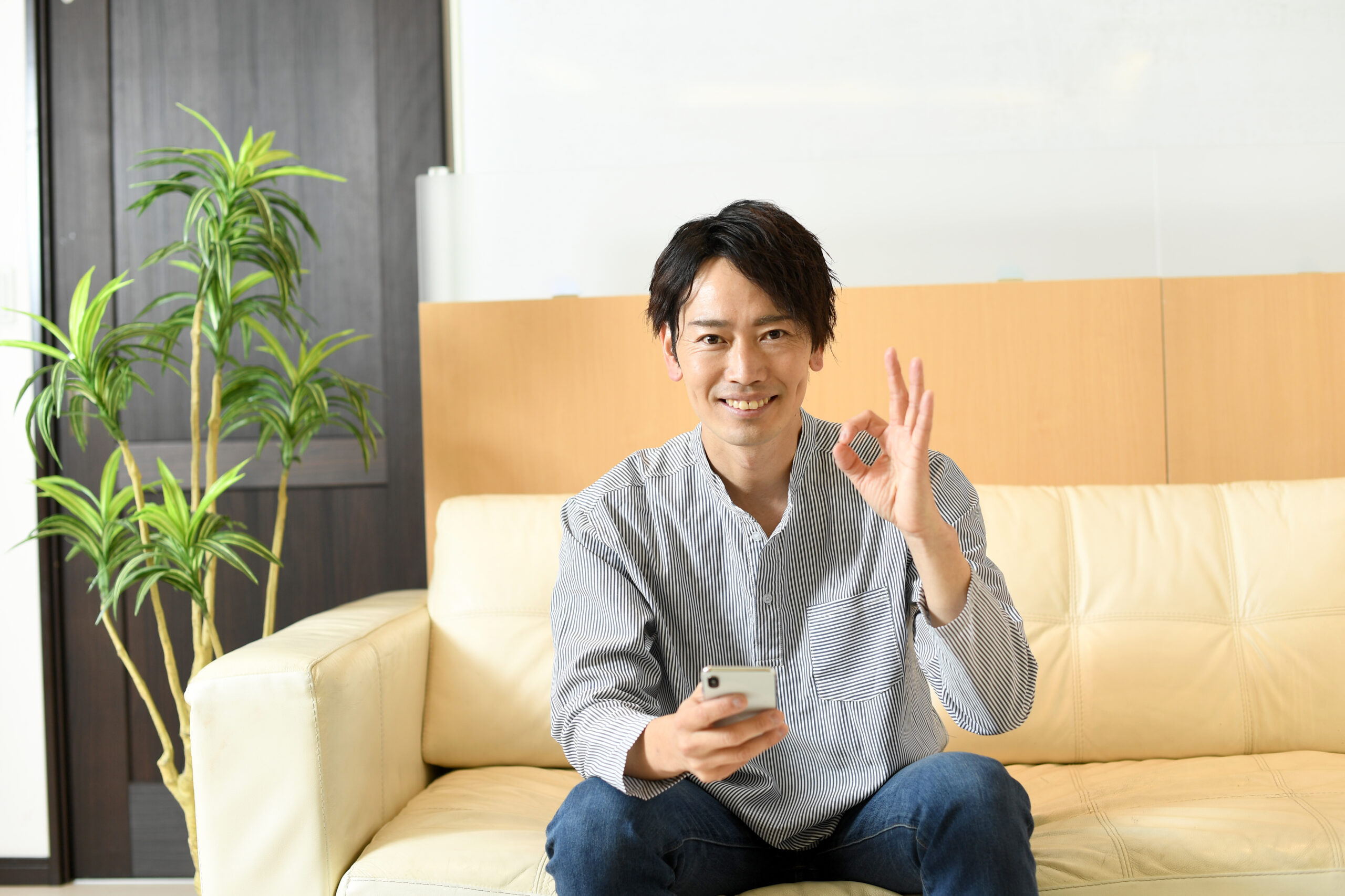 スマホを持ちながらOKサインする若い男性