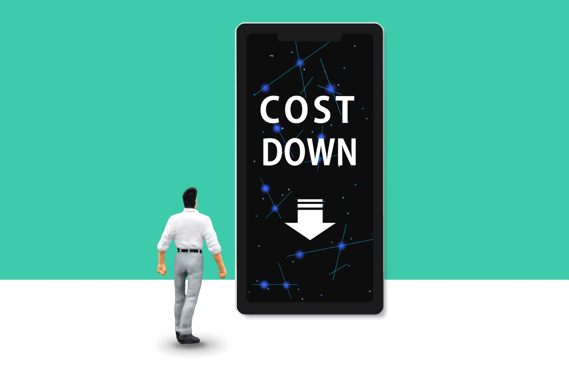 コストダウンの文字とスマホとミニチュア