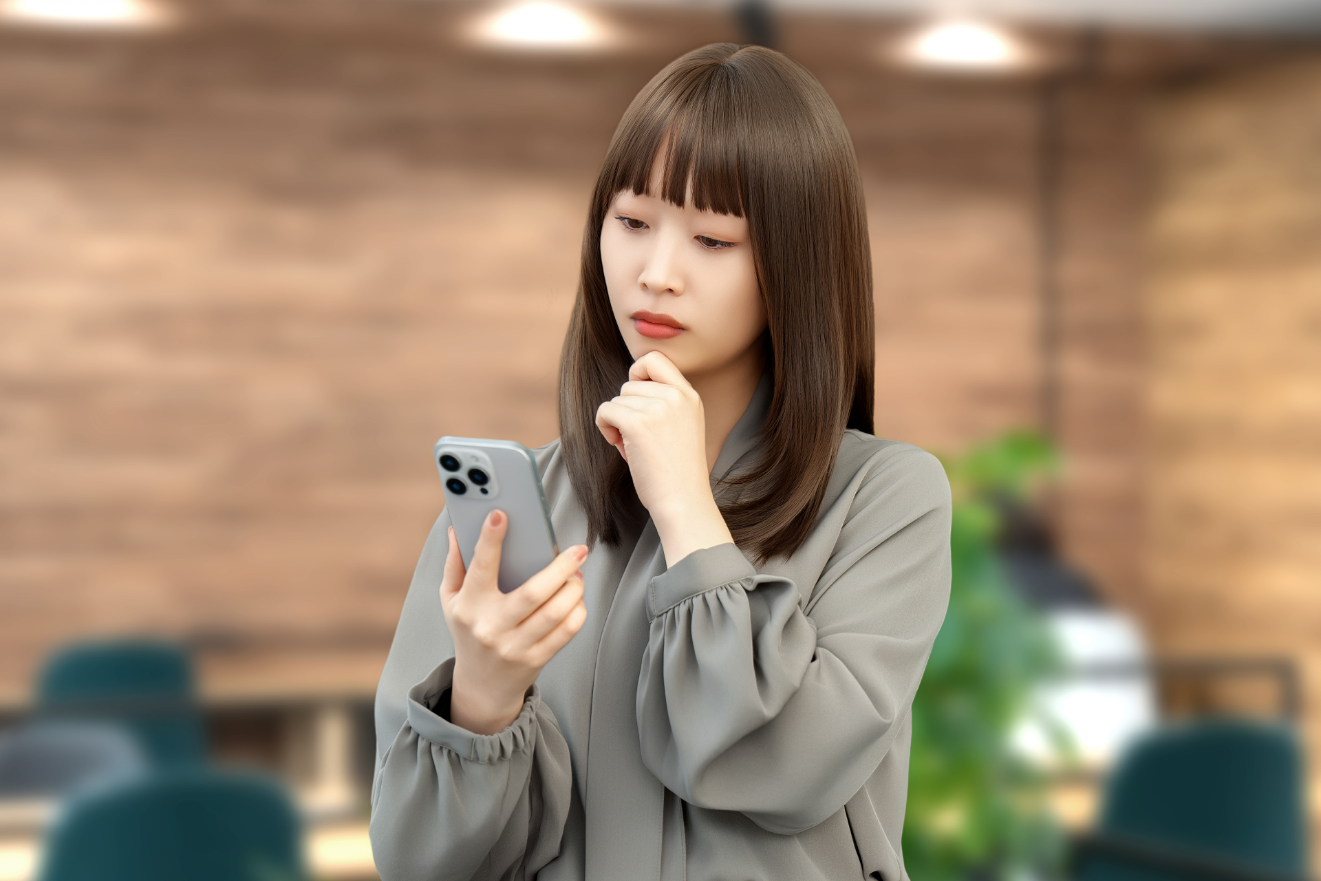 スマホを見て考える女性・ビジネスウーマン