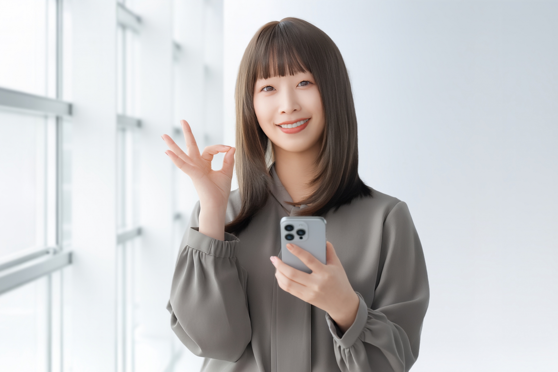 スマホを持ってOKポーズをする笑顔の女性