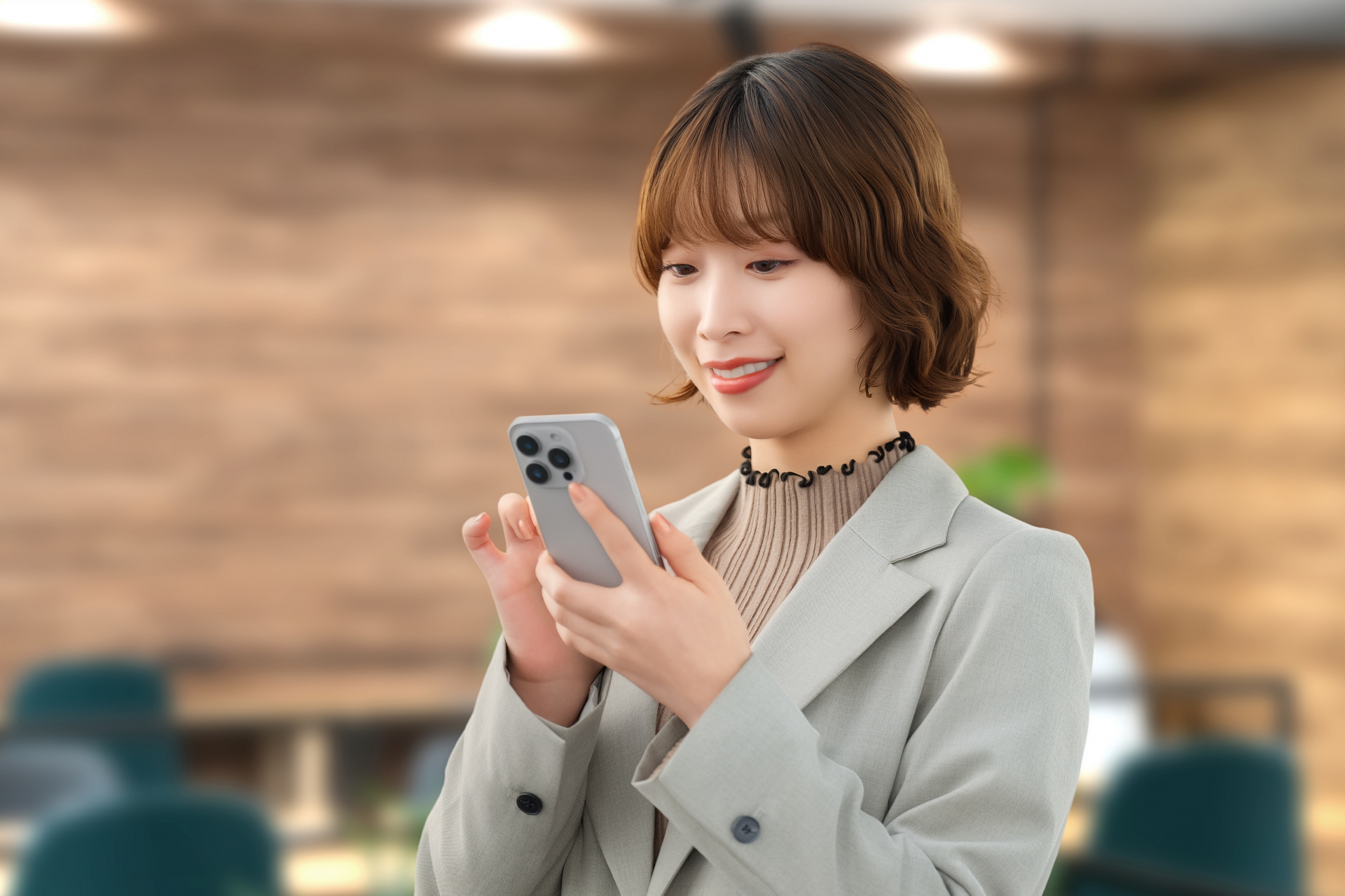 スマホを使う笑顔の女