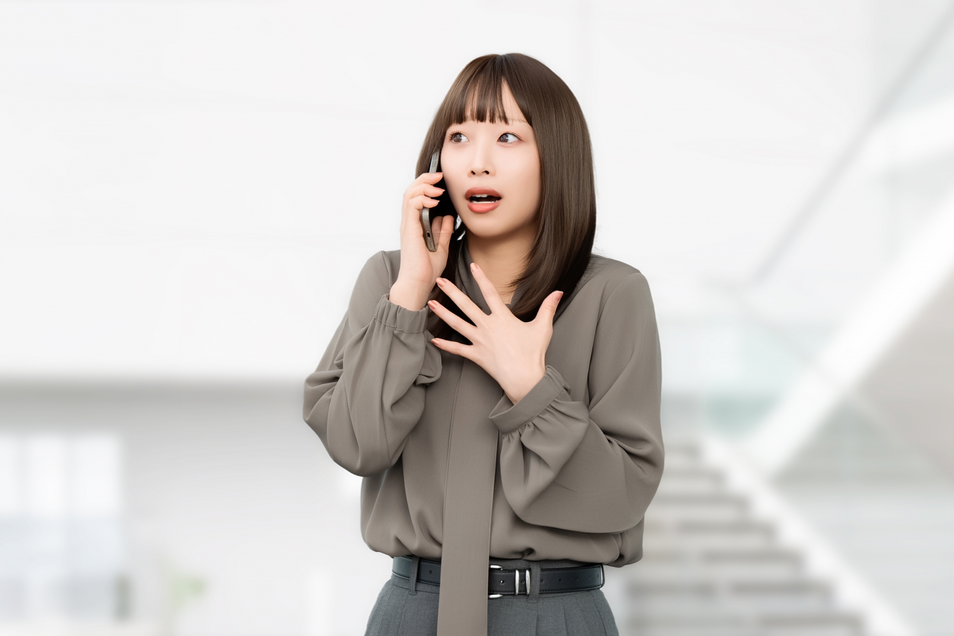 スマホで話しながら驚く女性