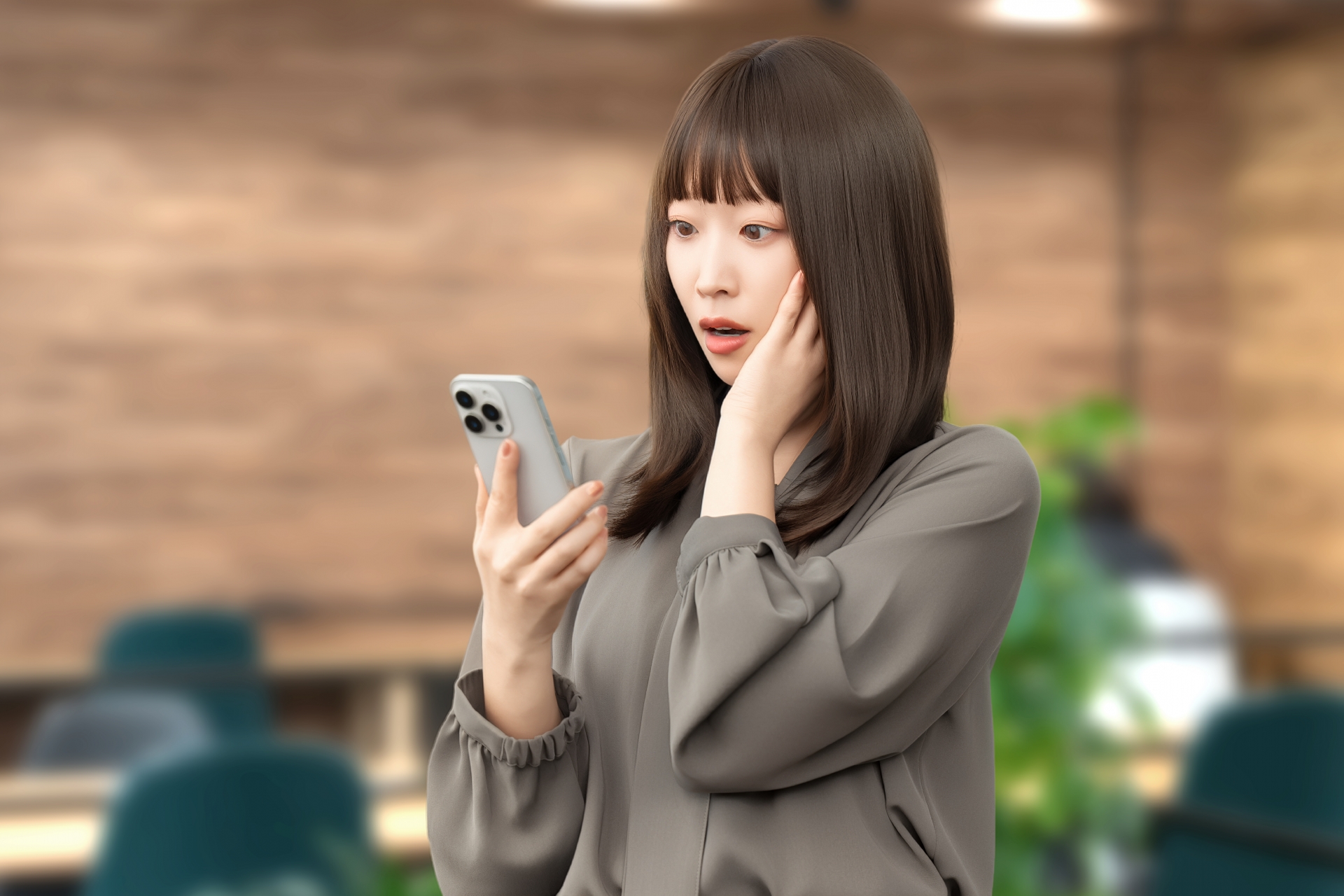 スマホの画面を見て驚くビジネスウーマン