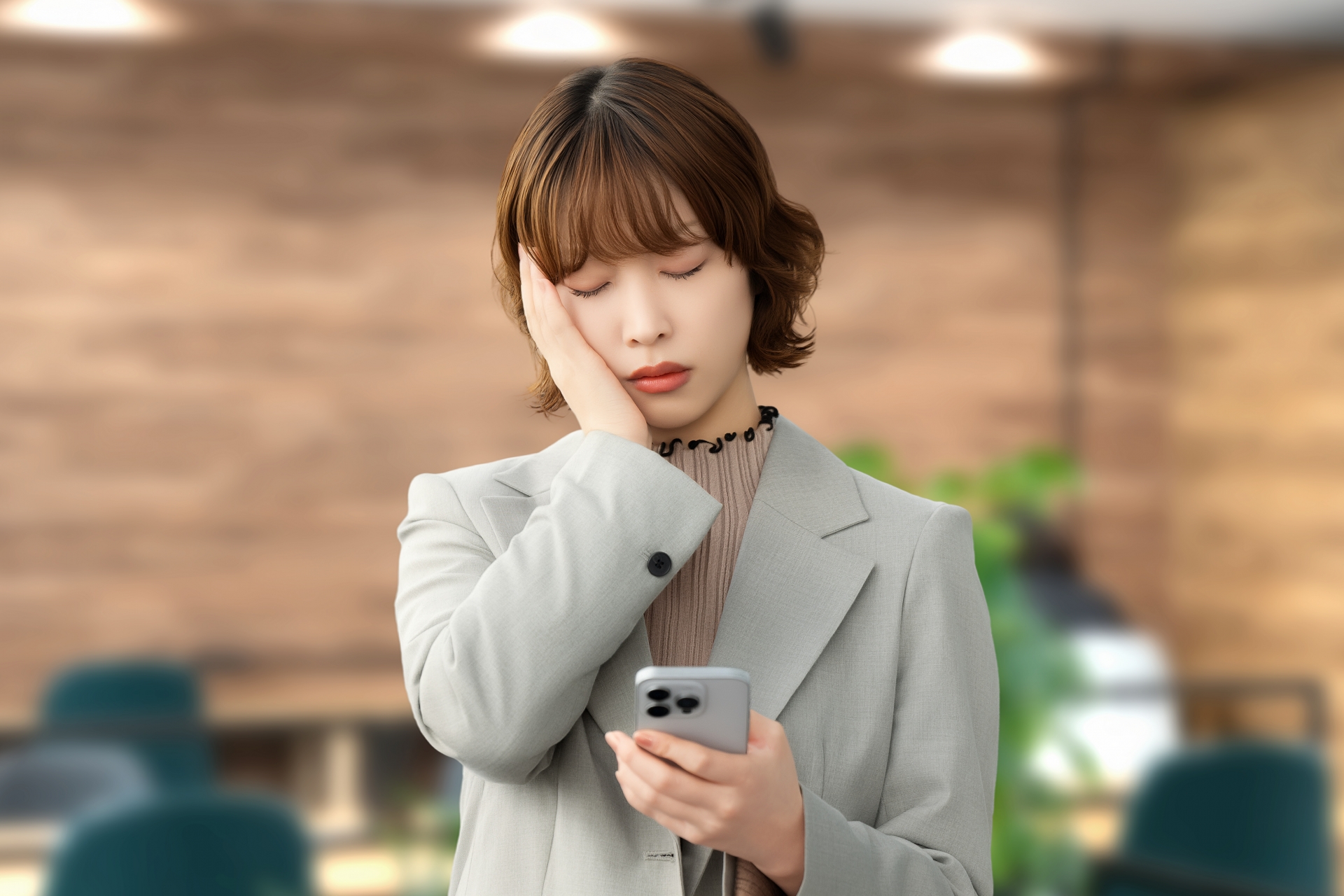 スマホを見て悩む女性・ビジネスウーマン